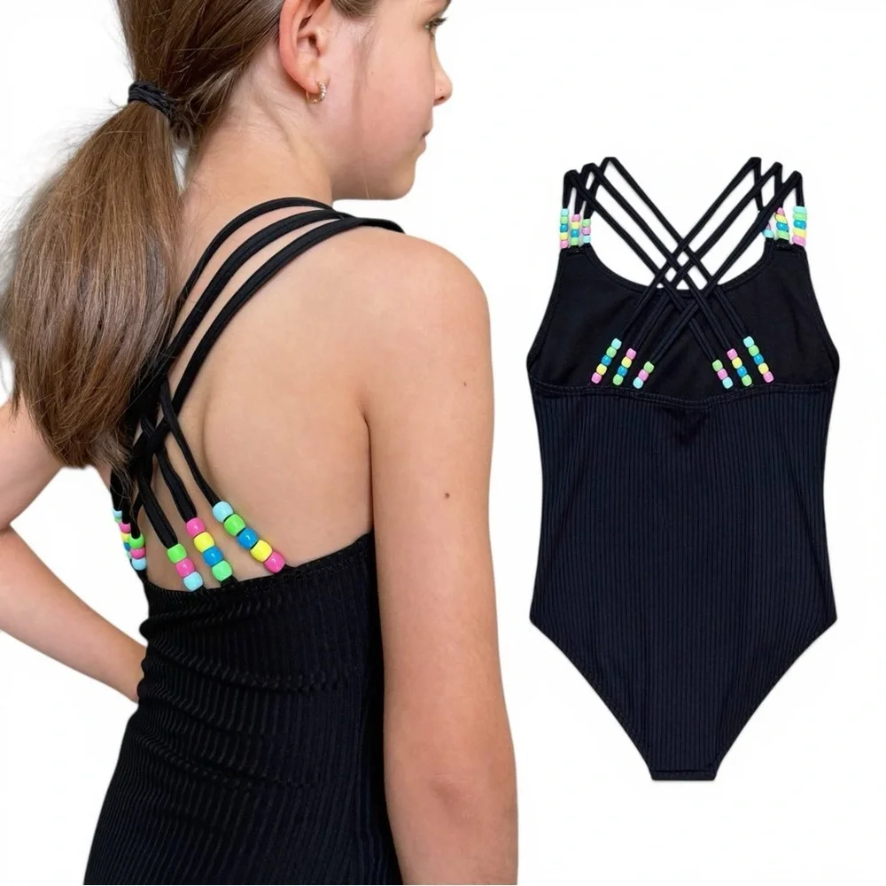 Beach Lingo Swimwear Girls One Piece Black Ribbed Strappy Back Size 7